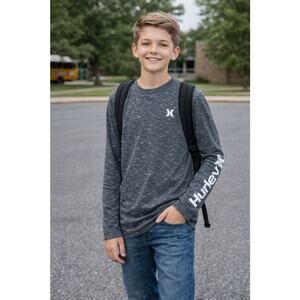 Hurley Boys Large Gray Long Sleeve Shirt Casual Graphic Skate Style Top